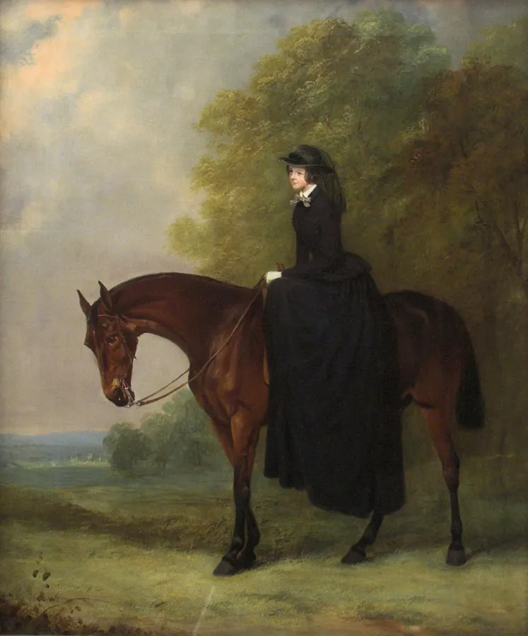 Painting of a young woman in a dark riding habit, sitting side-saddle on a bay horse